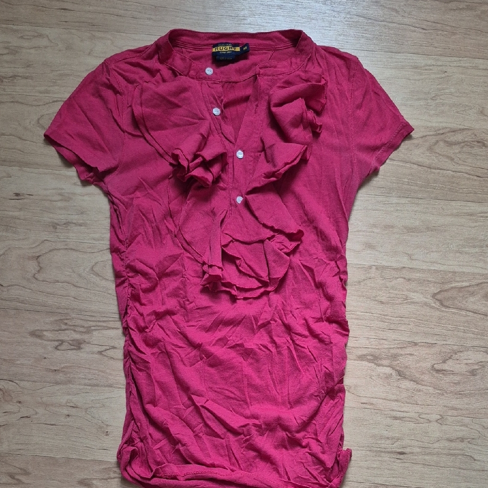 Ralph Lauren Rugby Pink/Dark salmon Ruffle Button-Front Short Sleeve Top